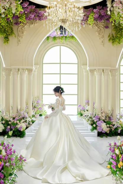 Chic A-Line Long Wedding Dresses Satin  White Bridal Dresses Beaded Long Sleeves Bridal Gown ED05995