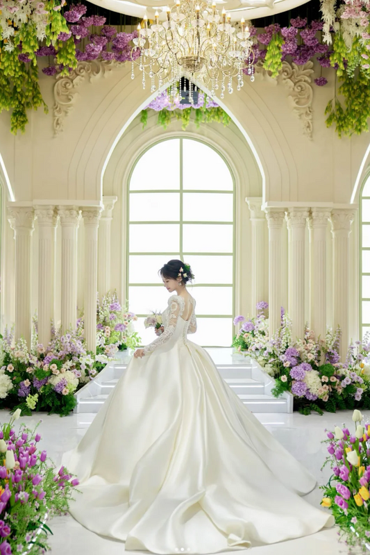 Chic A-Line Long Wedding Dresses Satin  White Bridal Dresses Beaded Long Sleeves Bridal Gown ED05995