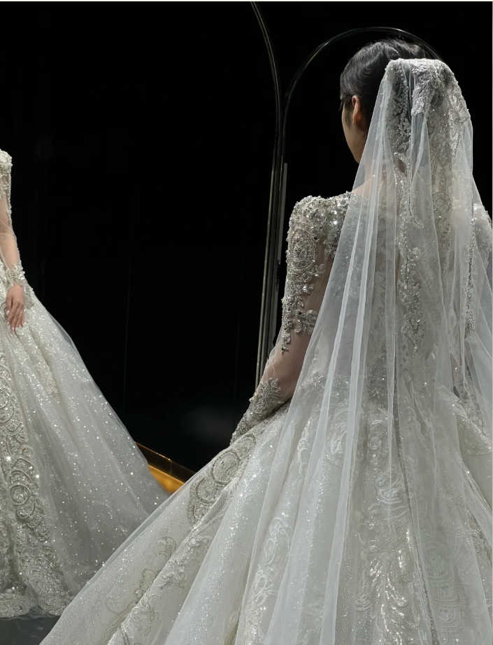 Chic A-Line Long Wedding Dresses Tulle  White Bridal Dresses Beaded Long Sleeves Bridal Gown ED05996