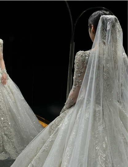 Chic A-Line Long Wedding Dresses Tulle  White Bridal Dresses Beaded Long Sleeves Bridal Gown ED05996