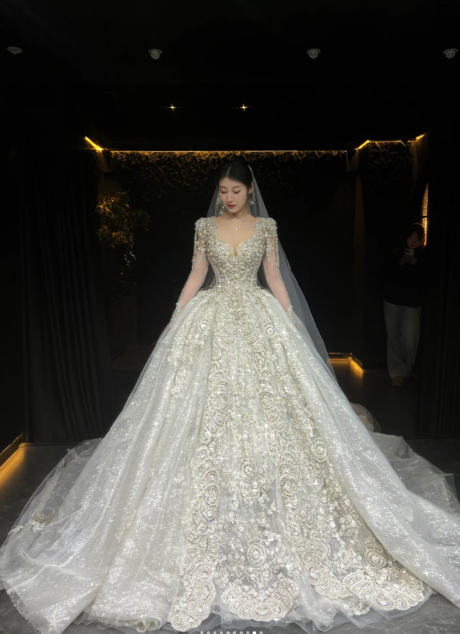 Chic A-Line Long Wedding Dresses Tulle  White Bridal Dresses Beaded Long Sleeves Bridal Gown ED05996