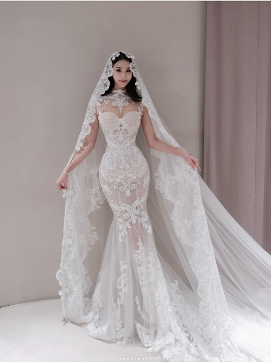 Chic Mermaid Long Wedding Dresses Tulle Applique White Bridal Dresses Beaded Sleeveless Bridal Gown ED05997