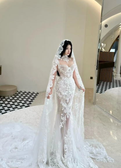 Chic Mermaid Long Wedding Dresses Tulle Applique White Bridal Dresses Beaded Sleeveless Bridal Gown ED05997