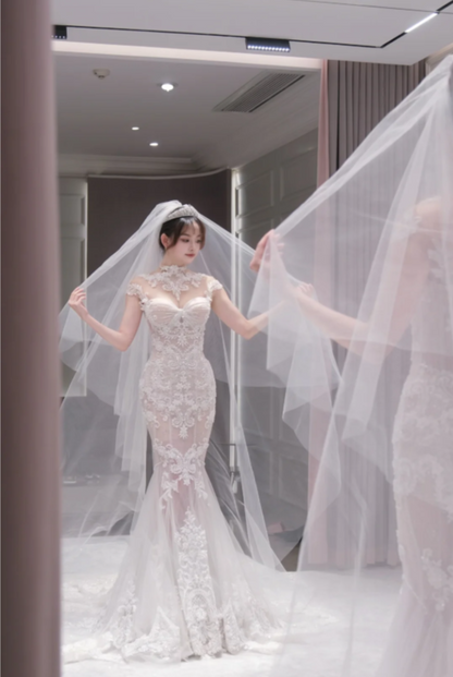 Chic Mermaid Long Wedding Dresses Tulle Applique White Bridal Dresses Beaded Sleeveless Bridal Gown ED05997