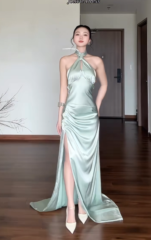 Chic Sheath Green Wedding Guest Dresses Satin Halter Long Evening Dresses ED05999