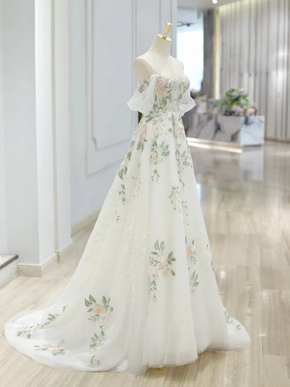 A-Line Off Shoulder Tulle Lace Applique White Long Prom Dress, White Long Formal Dress ED0600
