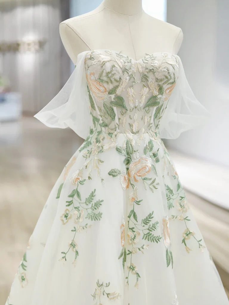 A-Line Off Shoulder Tulle Lace Applique White Long Prom Dress, White Long Formal Dress ED0600