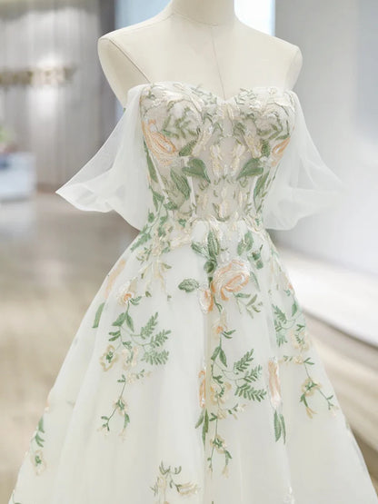 A-Line Off Shoulder Tulle Lace Applique White Long Prom Dress, White Long Formal Dress ED0600