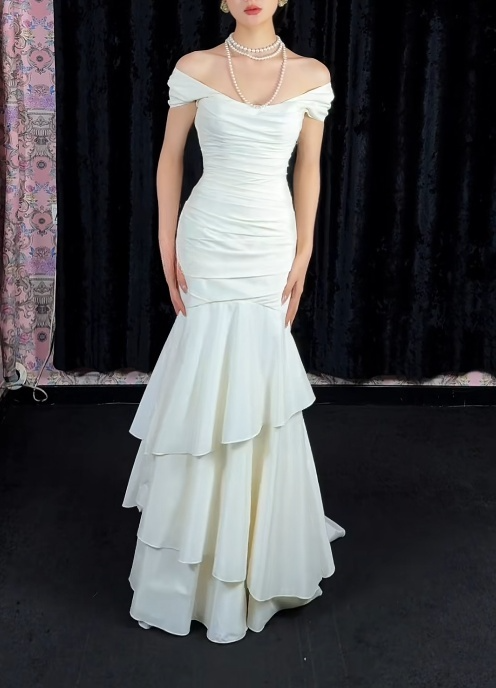 Chic Mermaid White Bridal Shower Dresses Chiffon Off-shoulder Long Evening Dresses  ED06000