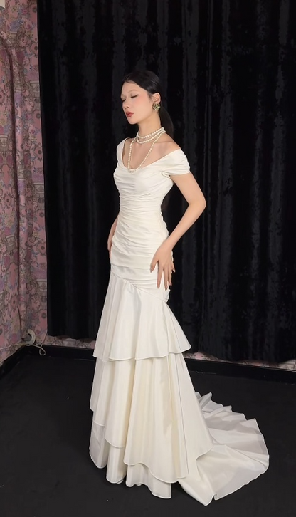 Chic Mermaid White Bridal Shower Dresses Chiffon Off-shoulder Long Evening Dresses  ED06000