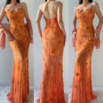 Gorgeous Orange Long Prom Dresses Chiffon Beaded Sleeveless Evening Dresses Spaghetii Straps Sheath Formal Dresses ED06001