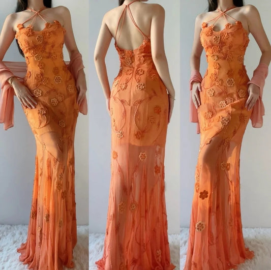 Gorgeous Orange Long Prom Dresses Chiffon Beaded Sleeveless Evening Dresses Spaghetii Straps Sheath Formal Dresses ED06001