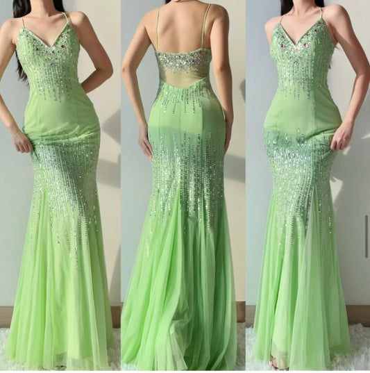 Gorgeous Green Long Prom Dresses Tulle Beaded Mermaid Evening Dresses Spaghetti Straps Backless Formal Dresses ED06002