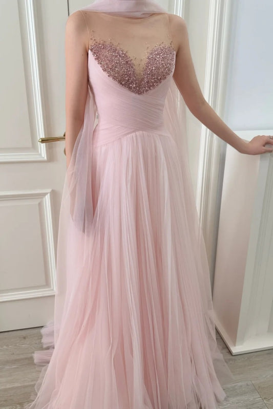 Gorgeous Pink Long Prom Dresses Tulle Beaded Sheath Evening Dresses Jewel Sleeveless Formal Dresses ED06003