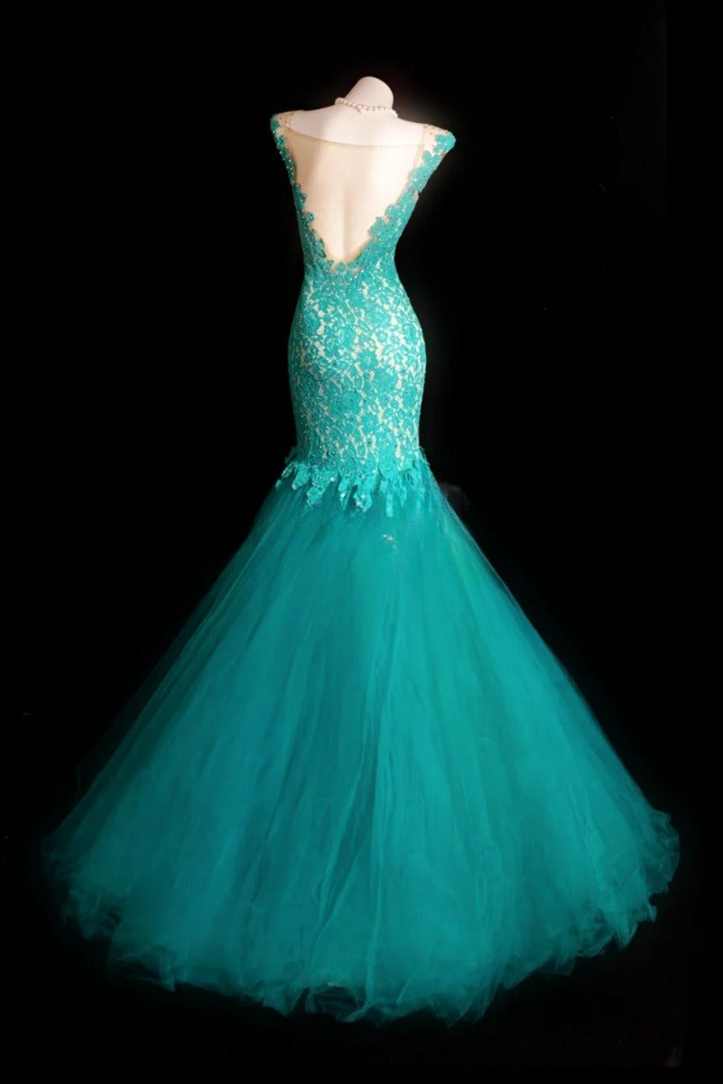 Gorgeous Turquoise Long Prom Dresses Tulle Lace Mermaid Evening Dresses V-neck Sleeveless Formal Dresses ED06004