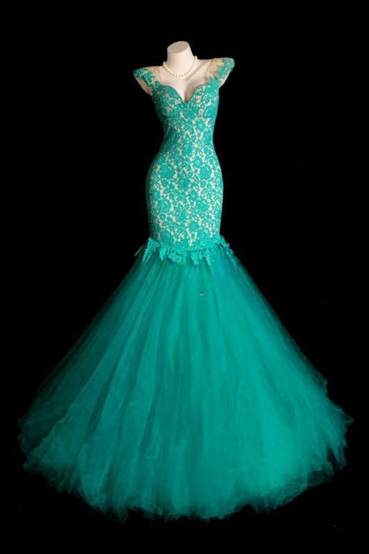 Gorgeous Turquoise Long Prom Dresses Tulle Lace Mermaid Evening Dresses V-neck Sleeveless Formal Dresses ED06004