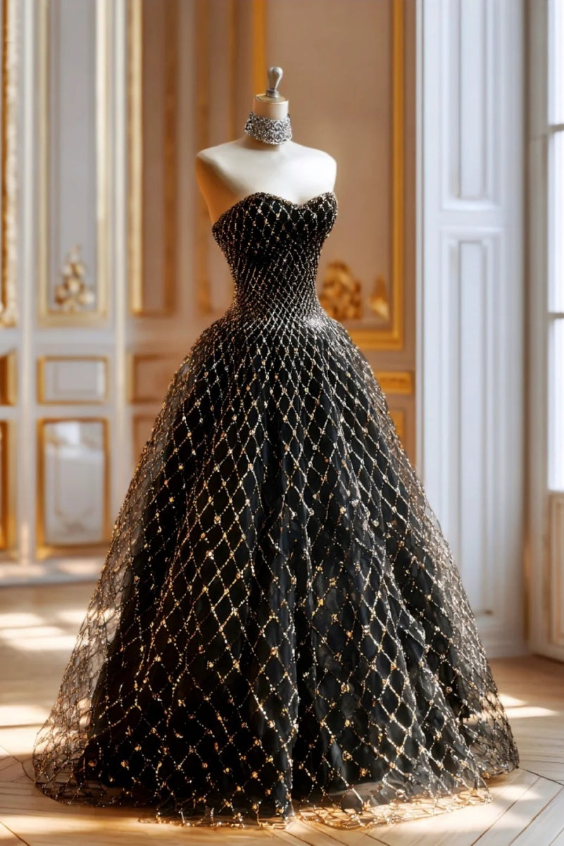 Gorgeous Black Long Prom Dresses Tulle Beaded A-Line Evening Dresses Sleevless Strapless Birthday Dresses ED06006