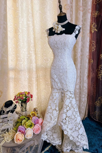 Vintage Ivory Prom Dresses Appliques Lace Mermaid Long Evening Dresses Straps Sleeveless Formal Dresses ED06005