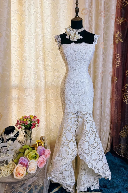 Vintage Ivory Prom Dresses Appliques Lace Mermaid Long Evening Dresses Straps Sleeveless Formal Dresses ED06005