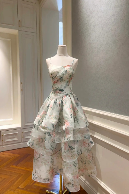 Fairy Floral Prom Dresses Tiered Tulle A-Line Long Evening Dresses Spaghetti Straps Sleeveless Formal Dresses ED06007