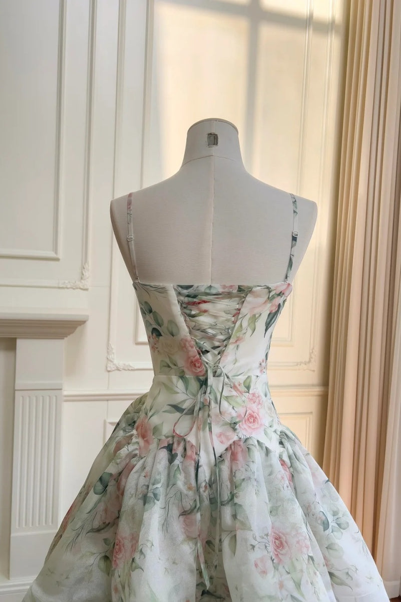Fairy Floral Prom Dresses Tiered Tulle A-Line Long Evening Dresses Spaghetti Straps Sleeveless Formal Dresses ED06007