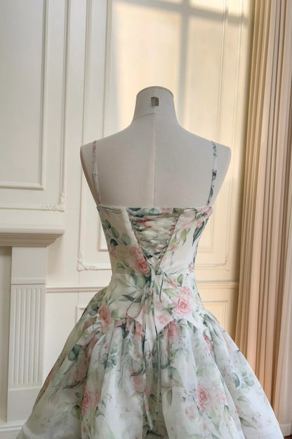 Fairy Floral Prom Dresses Tiered Tulle A-Line Long Evening Dresses Spaghetti Straps Sleeveless Formal Dresses ED06007