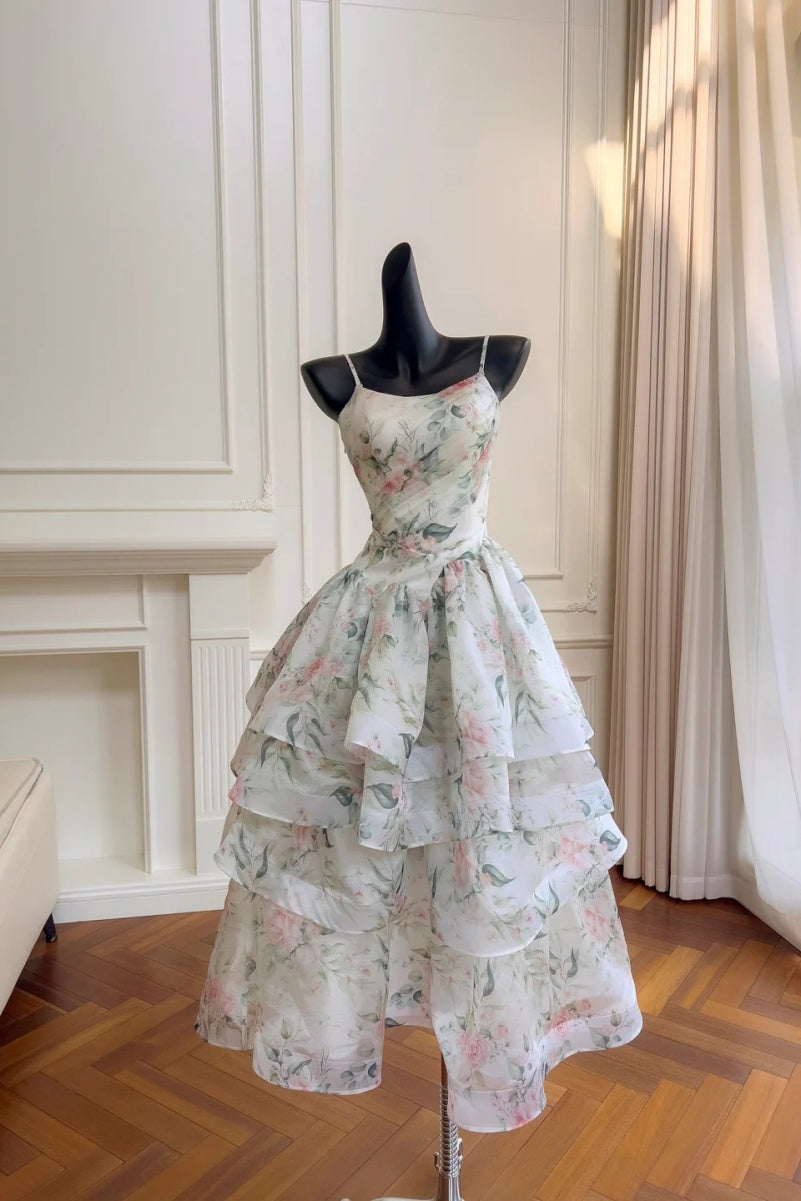 Fairy Floral Prom Dresses Tiered Tulle A-Line Long Evening Dresses Spaghetti Straps Sleeveless Formal Dresses ED06007