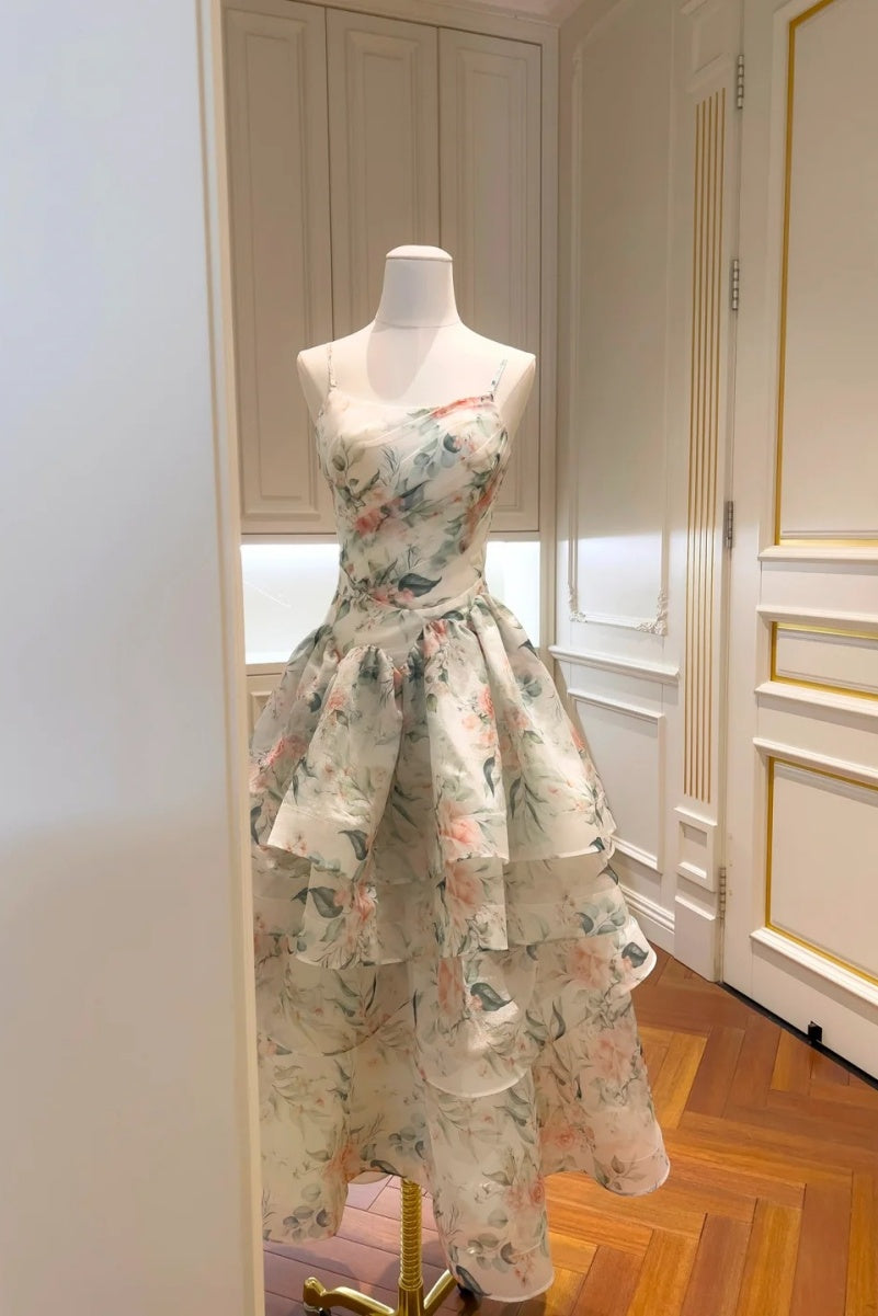 Fairy Floral Prom Dresses Tiered Tulle A-Line Long Evening Dresses Spaghetti Straps Sleeveless Formal Dresses ED06007