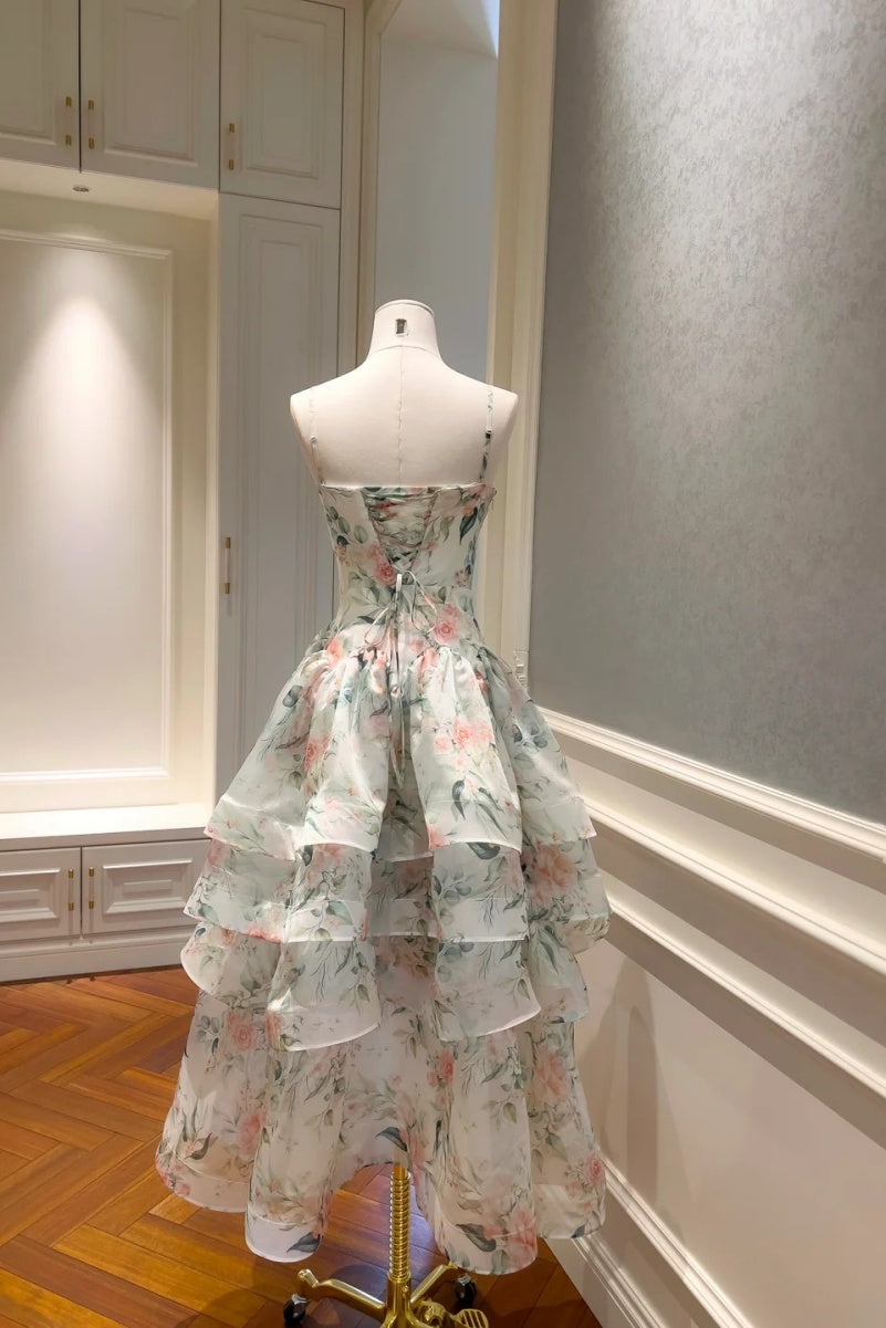 Fairy Floral Prom Dresses Tiered Tulle A-Line Long Evening Dresses Spaghetti Straps Sleeveless Formal Dresses ED06007