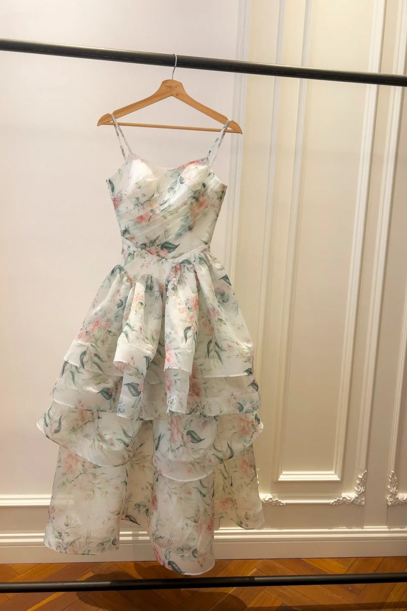 Fairy Floral Prom Dresses Tiered Tulle A-Line Long Evening Dresses Spaghetti Straps Sleeveless Formal Dresses ED06007