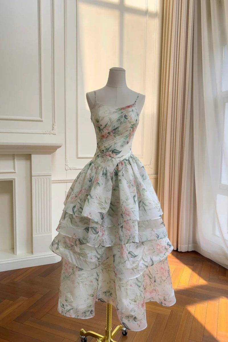 Fairy Floral Prom Dresses Tiered Tulle A-Line Long Evening Dresses Spaghetti Straps Sleeveless Formal Dresses ED06007