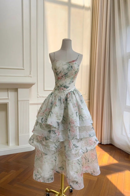 Fairy Floral Prom Dresses Tiered Tulle A-Line Long Evening Dresses Spaghetti Straps Sleeveless Formal Dresses ED06007