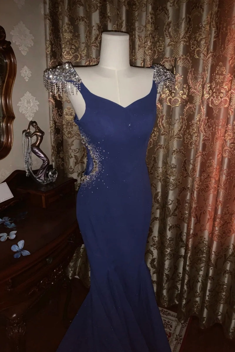 Elegant Navy Blue Lone Prom Dresses Satin Mermaid Evening Dresses V-neck Sleeveless Formal Dresses ED06008