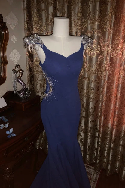 Elegant Navy Blue Long Prom Dresses Satin Mermaid Evening Dresses V-neck Sleeveless Formal Dresses ED06008