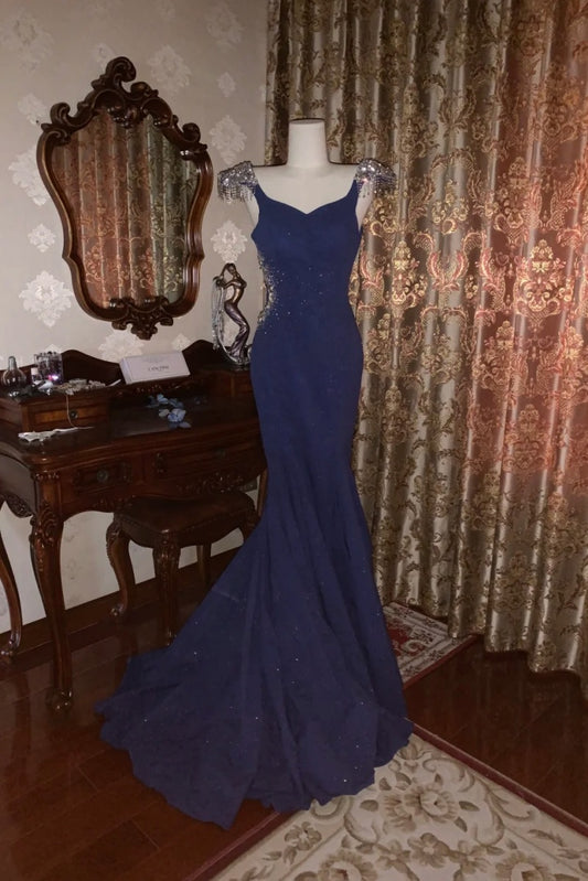 Elegant Navy Blue Lone Prom Dresses Satin Mermaid Evening Dresses V-neck Sleeveless Formal Dresses ED06008