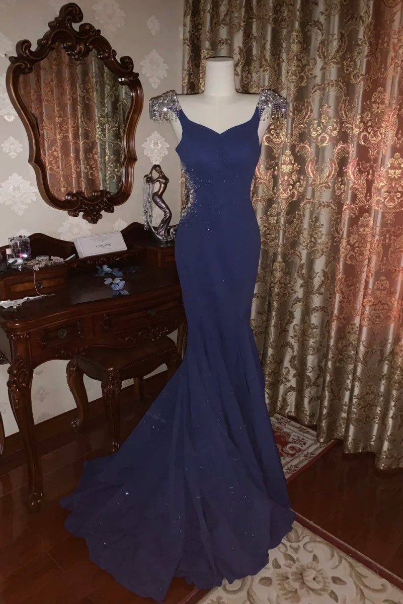 Elegant Navy Blue Lone Prom Dresses Satin Mermaid Evening Dresses V-neck Sleeveless Formal Dresses ED06008