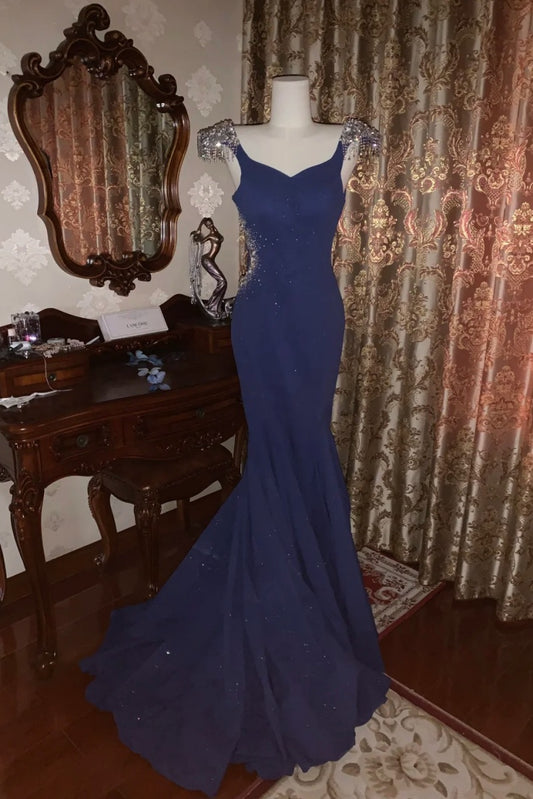 Elegant Navy Blue Lone Prom Dresses Satin Mermaid Evening Dresses V-neck Sleeveless Formal Dresses ED06008