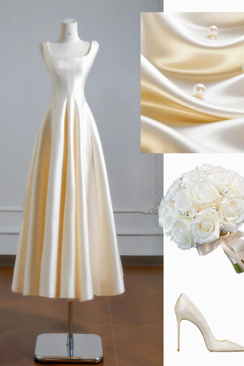 Elegant Light Chmapagne Bridsmaid Dresses Satin Straps A-Line Evening Dresses ED06009