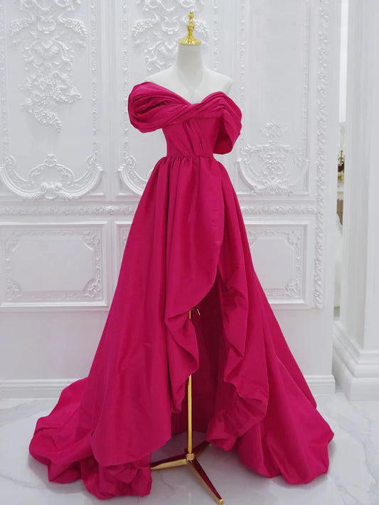 Robe de bal longue en satin rouge rose, coupe trapèze, épaules dénudées, robe de soirée longue rouge rose ED0601