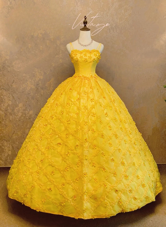 Fairy Yellow Long Prom Dresses Satin Appliques A-Line Sleeveless Quinceanera Dresses Spaghetti Straps Sweet 16 Dresses  ED06011