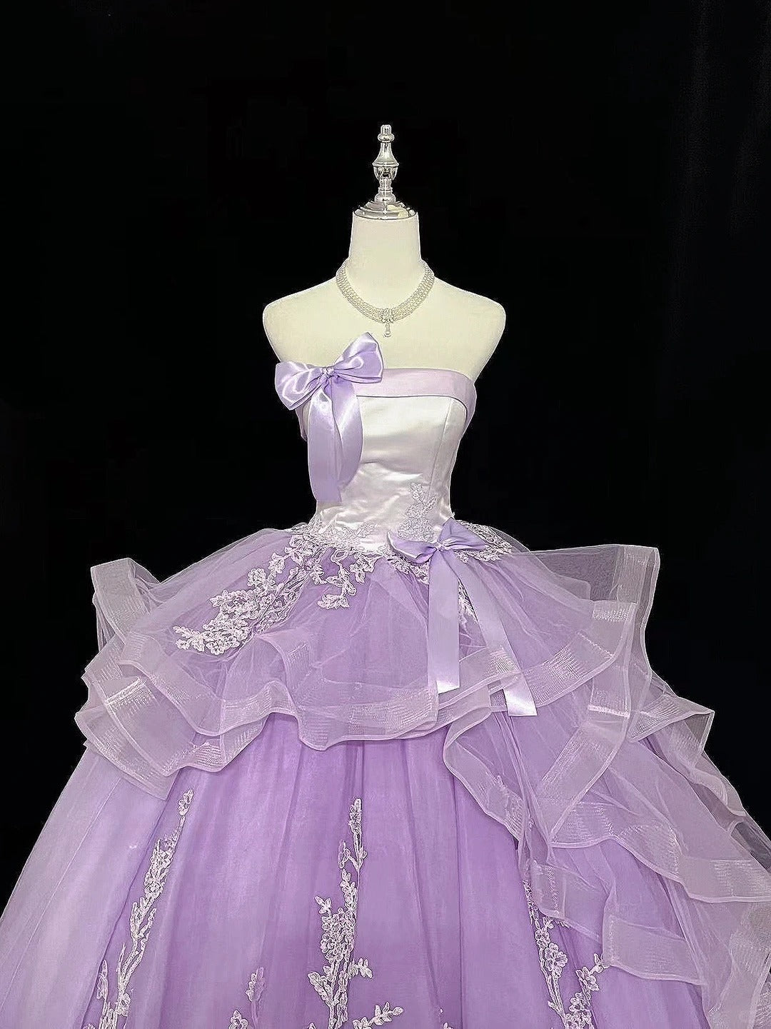 Fairy Lilac Long Prom Dresses Tulle Appliques A-Line Sleeveless Quinceanera Dresses Strapless Sweet 16 Dresses   ED06012