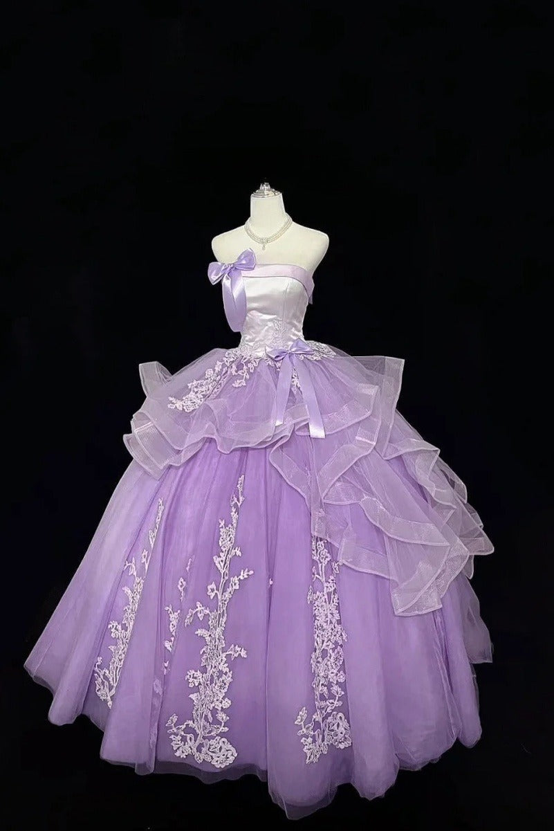 Fairy Lilac Long Prom Dresses Tulle Appliques A-Line Sleeveless Quinceanera Dresses Strapless Sweet 16 Dresses   ED06012