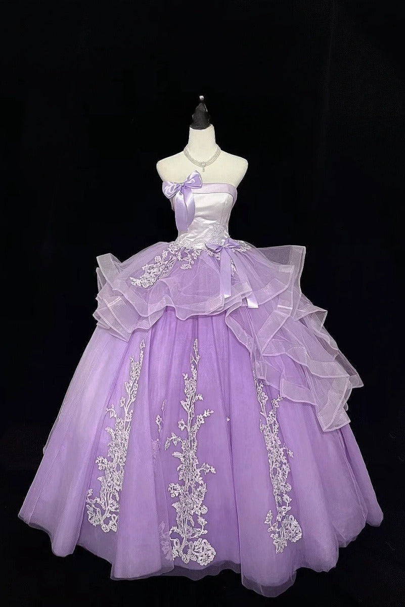 Fairy Lilac Long Prom Dresses Tulle Appliques A-Line Sleeveless Quinceanera Dresses Strapless Sweet 16 Dresses   ED06012