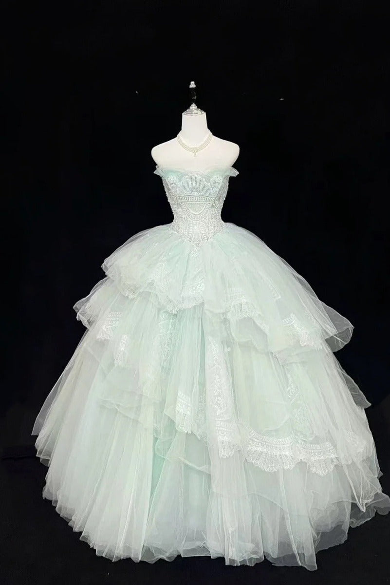 Fairy Mint Green Long Prom Dresses Tulle Appliques A-Line Sleeveless Quinceanera Dresses Strapless Sweet 16 Dresses ED06013
