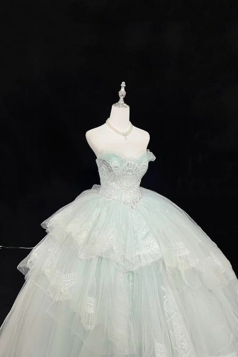 Fairy Mint Green Long Prom Dresses Tulle Appliques A-Line Sleeveless Quinceanera Dresses Strapless Sweet 16 Dresses ED06013