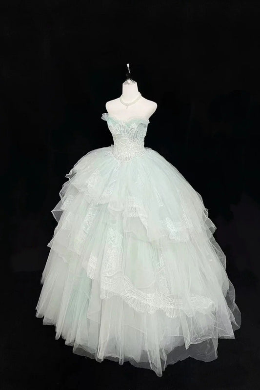Fairy Mint Green Long Prom Dresses Tulle Appliques A-Line Sleeveless Quinceanera Dresses Strapless Sweet 16 Dresses ED06013