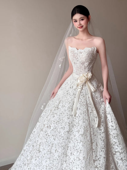 Fairy A-line Long Wedding Dresses Applique White Bridal Gowns Sleevless Strapless Bridal Dresses ED06014