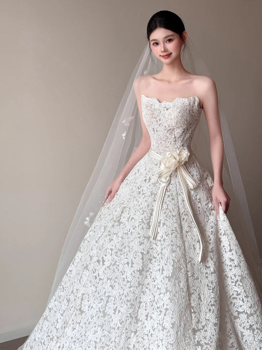 Fairy A-line Long Wedding Dresses Applique White Bridal Gowns Sleevless Strapless Bridal Dresses ED06014