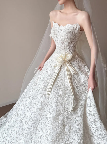 Fairy A-line Long Wedding Dresses Applique White Bridal Gowns Sleevless Strapless Bridal Dresses ED06014