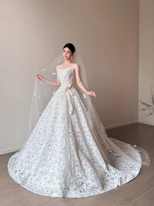 Fairy A-line Long Wedding Dresses Applique White Bridal Gowns Sleevless Strapless Bridal Dresses ED06014